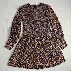 French Connection Navy Yellow Pink Floral Design Long Sleeve Dress Size 2